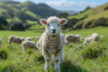 Fototapeta premium A fluffy white lamb with a small bell around its neck, standing in a green pasture with other sheep grazing in the background