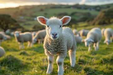 A fluffy white lamb with a small bell around its neck, standing in a green pasture with other sheep grazing in the background