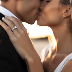 photo of a couple of engaged young handsome people kissing. Focus photo on her ring finger ring