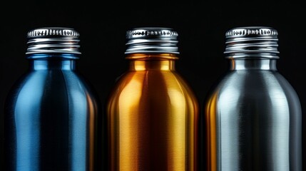 Four metallic bottles with colorful reflective surfaces against a black backdrop
