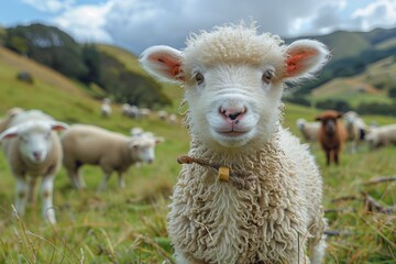 Obraz premium A fluffy white lamb with a small bell around its neck, standing in a green pasture with other sheep grazing in the background
