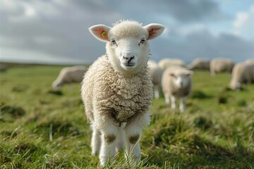 Obraz premium A fluffy white lamb with a small bell around its neck, standing in a green pasture with other sheep grazing in the background