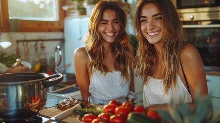 Identical twin sisters laughing while cooking with fresh vegetables in a sunny kitchen