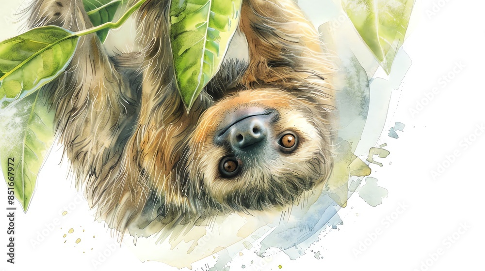 Sticker A watercolor painting of a sloth hanging upside down from a branch, looking directly at the viewer.