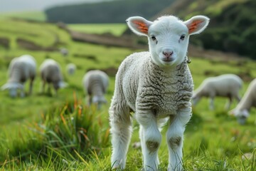 Obraz premium A fluffy white lamb with a small bell around its neck, standing in a green pasture with other sheep grazing in the background