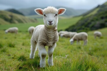 Obraz premium A fluffy white lamb with a small bell around its neck, standing in a green pasture with other sheep grazing in the background