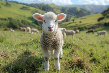 Fototapeta premium A fluffy white lamb with a small bell around its neck, standing in a green pasture with other sheep grazing in the background