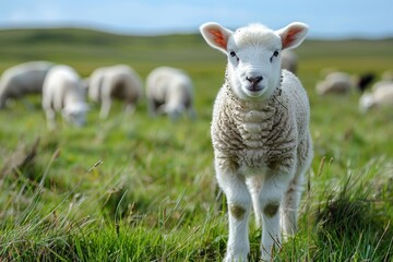 Obraz premium A fluffy white lamb with a small bell around its neck, standing in a green pasture with other sheep grazing in the background