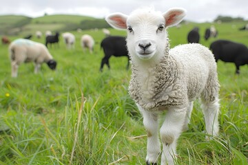 Obraz premium A fluffy white lamb with a small bell around its neck, standing in a green pasture with other sheep grazing in the background