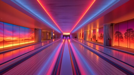 Fototapeta premium A modern bowling alley with a striking neon light design leading to the pins, creating an immersive gaming atmosphere