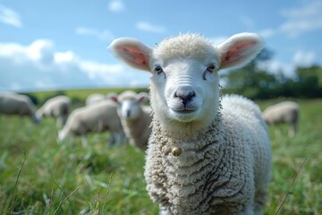 Obraz premium A fluffy white lamb with a small bell around its neck, standing in a green pasture with other sheep grazing in the background