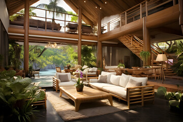 Fototapeta premium natural wood style house interior design at the forrest near the sea, modern way of living naturally interior design