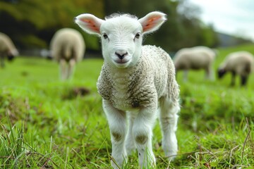 A fluffy white lamb with a small bell around its neck, standing in a green pasture with other sheep grazing in the background