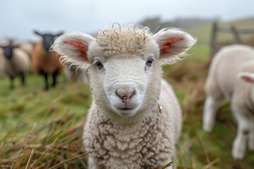 Obraz premium A fluffy white lamb with a small bell around its neck, standing in a green pasture with other sheep grazing in the background