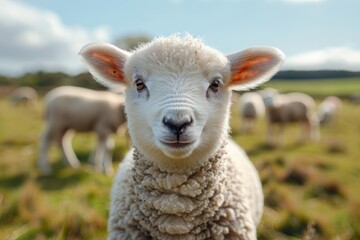 Obraz premium A fluffy white lamb with a small bell around its neck, standing in a green pasture with other sheep grazing in the background