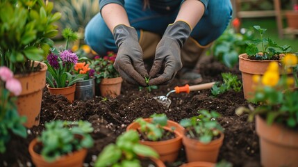 Fototapeta premium A close-up of a person planting seeds in a garden, their hands covered in soil, with a variety of plants and gardening tools nearby