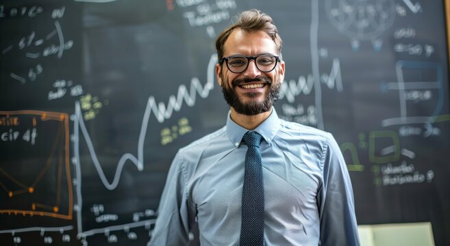 A man is smiling in front of a blackboard with mathematical equations on it