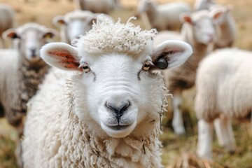 Fototapeta premium A fluffy white lamb with a small bell around its neck, standing in a green pasture with other sheep grazing in the background