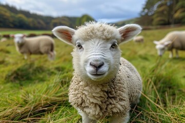 A fluffy white lamb with a small bell around its neck, standing in a green pasture with other sheep grazing in the background