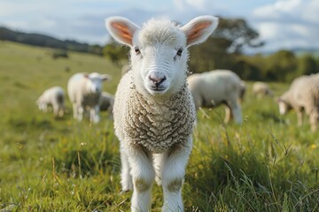 Obraz premium A fluffy white lamb with a small bell around its neck, standing in a green pasture with other sheep grazing in the background