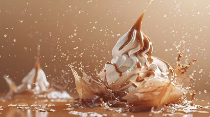 **Ice cream explosion with salted caramel, solid tan background. 32k, full ultra HD, high resolution