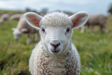 Fototapeta premium A fluffy white lamb with a small bell around its neck, standing in a green pasture with other sheep grazing in the background