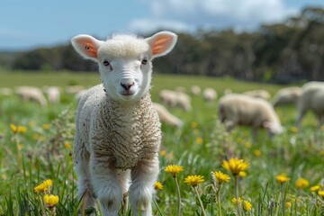 Naklejka premium A fluffy white lamb with a small bell around its neck, standing in a green pasture with other sheep grazing in the background