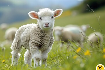 Obraz premium A fluffy white lamb with a small bell around its neck, standing in a green pasture with other sheep grazing in the background