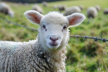 Naklejka premium A fluffy white lamb with a small bell around its neck, standing in a green pasture with other sheep grazing in the background