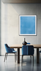 Blue painting above wooden table with vase and blue chairs in modern dining room interior