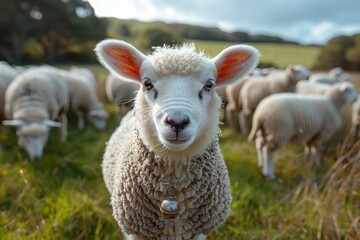 Obraz premium A fluffy white lamb with a small bell around its neck, standing in a green pasture with other sheep grazing in the background