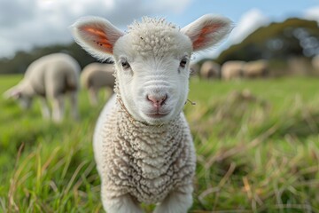 Obraz premium A fluffy white lamb with a small bell around its neck, standing in a green pasture with other sheep grazing in the background