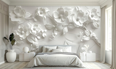 Volumetric stucco giant flowers molding on a concrete wall in light bedroom. 