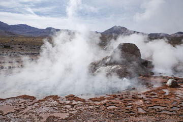 San Pedro de Atacama, Chile - Dec 2, 2023: Early morning at the volcanic El Tatio Geysers in the Atacama Desert