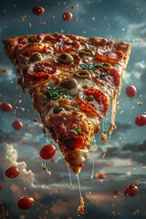 A close-up photograph of a single slice of pizza suspended in mid-air, with melted cheese dripping down. Tomatoes fall around the slice, creating a visually dynamic and mouthwatering scene