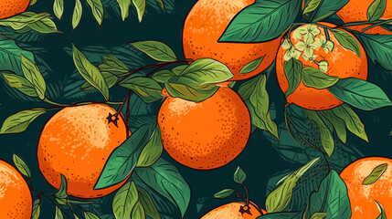 A drawing of oranges and leaves with a green background. The oranges are in various stages of ripeness, and the leaves are green and leafy. Scene is bright and cheerful, with the oranges