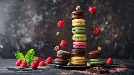 Close up shot of colorful macarons stacked in a column, settled against dark background, levitating berries and mint leaves