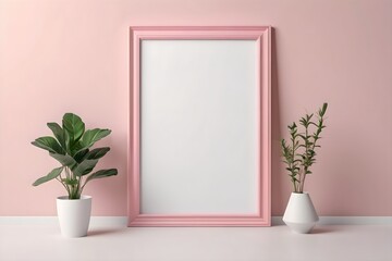 Empty pink picture frame with copy space and green flowers in a vase: elegant wooden border, indoor floral decor, and artistic interior design for home gallery exhibition