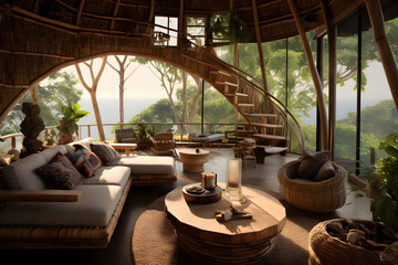 Fototapeta premium natural wood style house interior design at the forrest near the sea, modern way of living naturally interior design