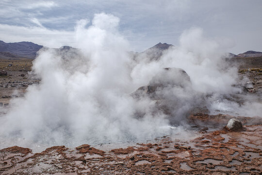 San Pedro de Atacama, Chile - Dec 2, 2023: Early morning at the volcanic El Tatio Geysers in the Atacama Desert