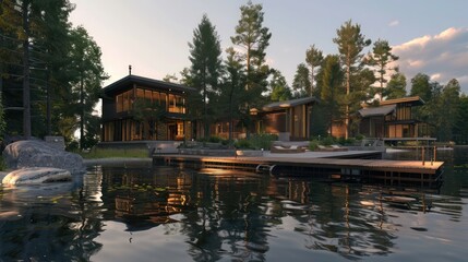 Obraz premium rchitectural plans for a contemporary lakeside retreat with luxury cabins and recreational amenities