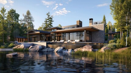 Obraz premium rchitectural plans for a contemporary lakeside retreat with luxury cabins and recreational amenities