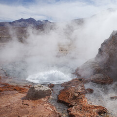 San Pedro de Atacama, Chile - Dec 2, 2023: Early morning at the volcanic El Tatio Geysers in the Atacama Desert