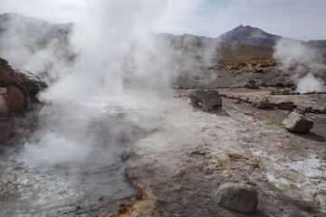 San Pedro de Atacama, Chile - Dec 2, 2023: Early morning at the volcanic El Tatio Geysers in the Atacama Desert