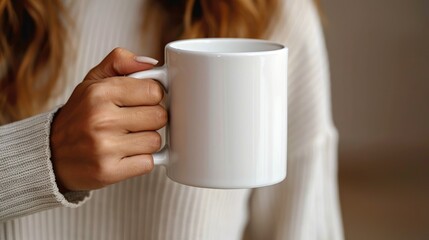 Female hand holding a white ceramic mug on soft background for mockup presentation