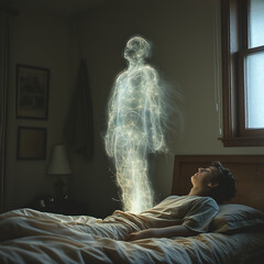 Astral Projection of Human Spirit Leaving Body During Sleep Depicting Mystical and Surreal Experience in a Dimly Lit Room for Spiritual and Metaphysical Exploration