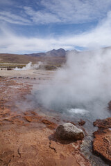 San Pedro de Atacama, Chile - Dec 2, 2023: Early morning at the volcanic El Tatio Geysers in the Atacama Desert