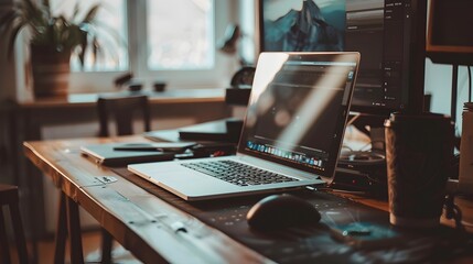 Cozy Workspace with Laptop and Office Accessories on Wooden Desk