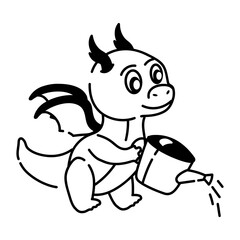 Get this cute doodle icon showing dragon watering plants 