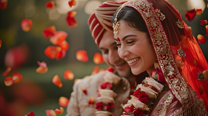 Fototapeta premium Radiant Indian Bride in Traditional Red Sari and Ornate Veil Amid Vibrant Floral Backdrop